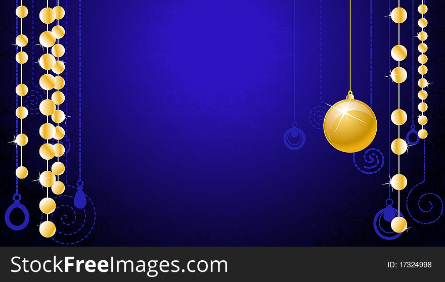 Blue ornamental wallpaper with gold christmas bal