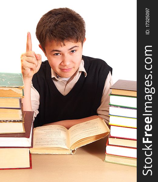 The boy with books in the library on a white background. The boy with books in the library on a white background