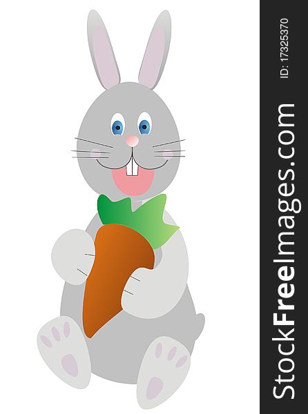 Gray rabbit with carrots on a white background