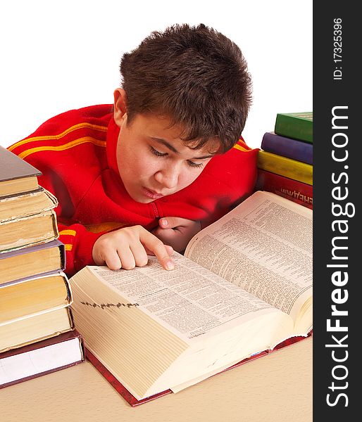 The boy with books in the library on a white background. The boy with books in the library on a white background