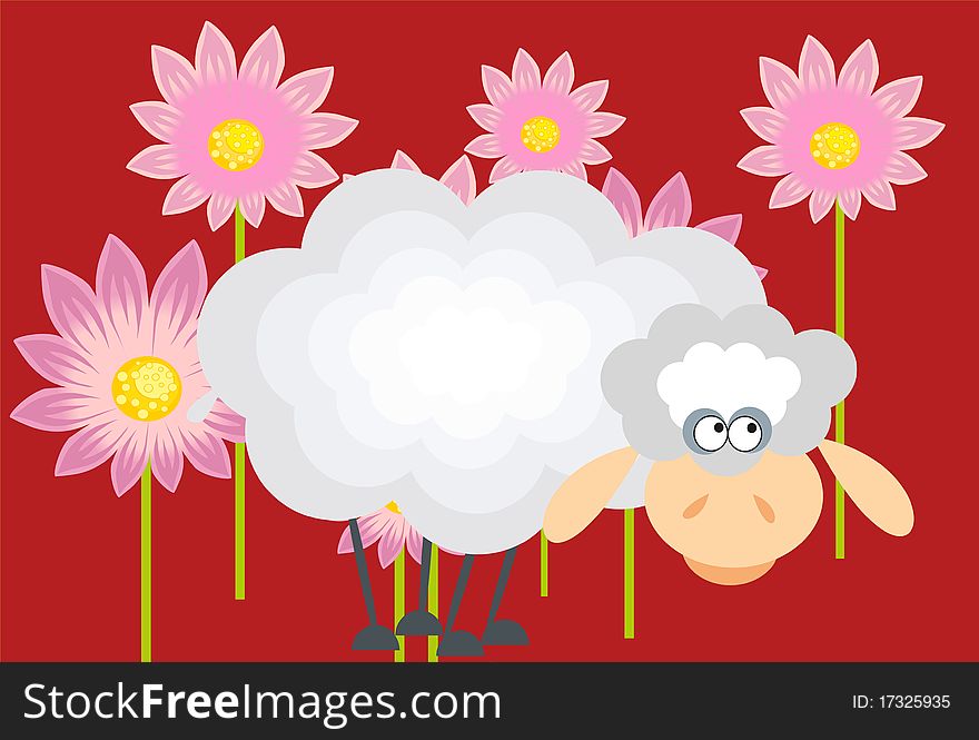 Sheep and flowers on red background
