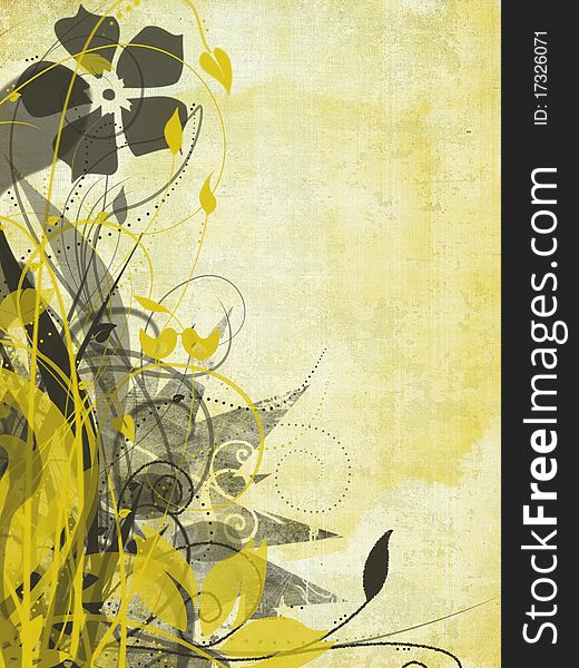 Yellow and gray floral swirling background, with two yellow love birds hidden in the vines. Yellow and gray floral swirling background, with two yellow love birds hidden in the vines.