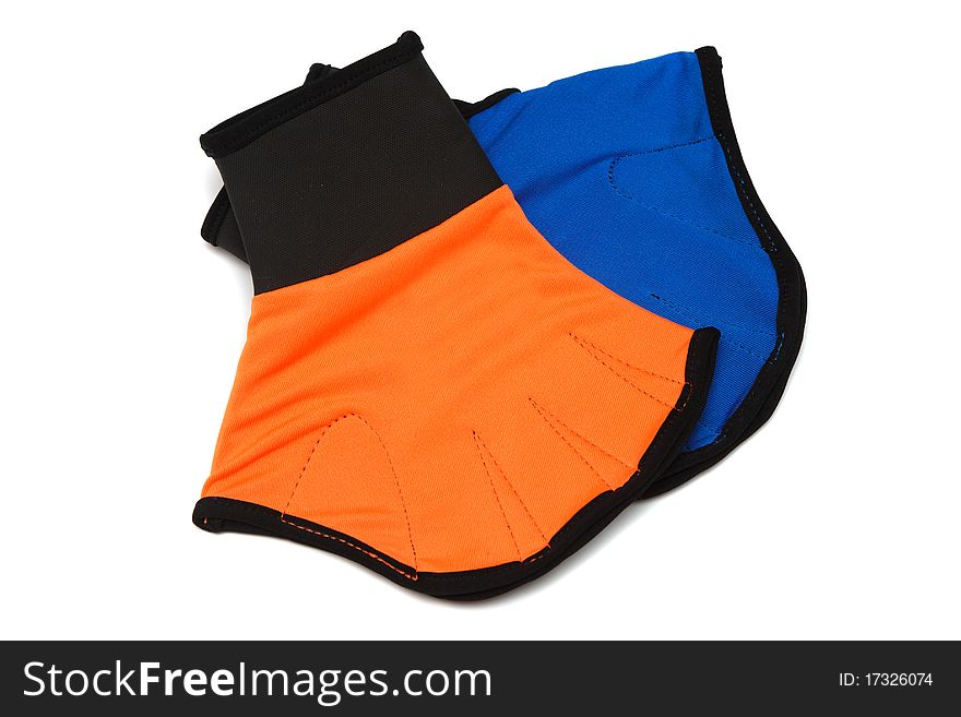 Orange and Blue Gloves for aerobics on white. aqua aerobics equipment