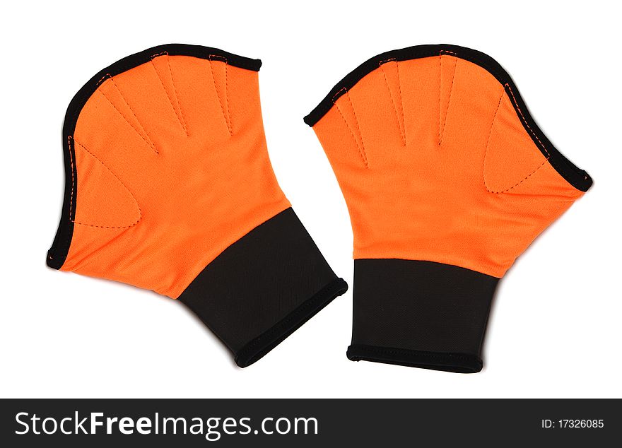 Orange Gloves for aerobics on white. aqua aerobics equipment