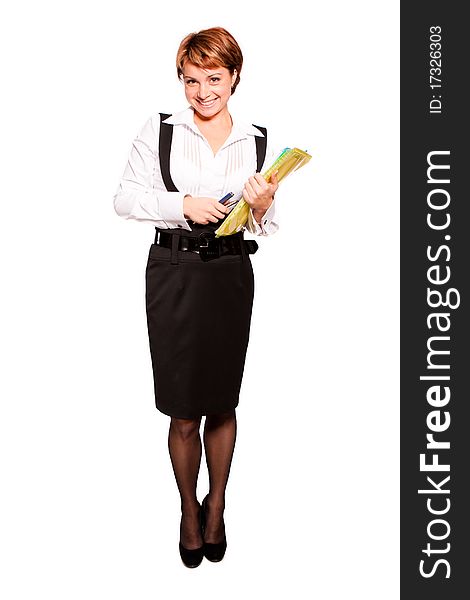 Beautiful business woman standing on white background