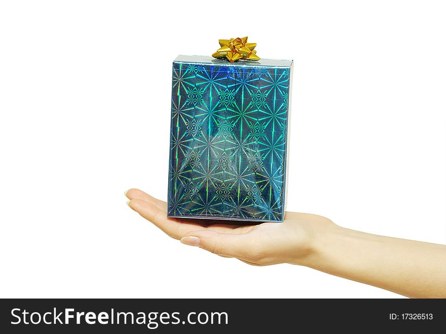Christmas gift in hands isolated on white