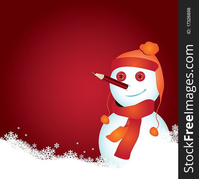 Illustration : snowman with wool hat, scarf, pencil and snowflake in foreground