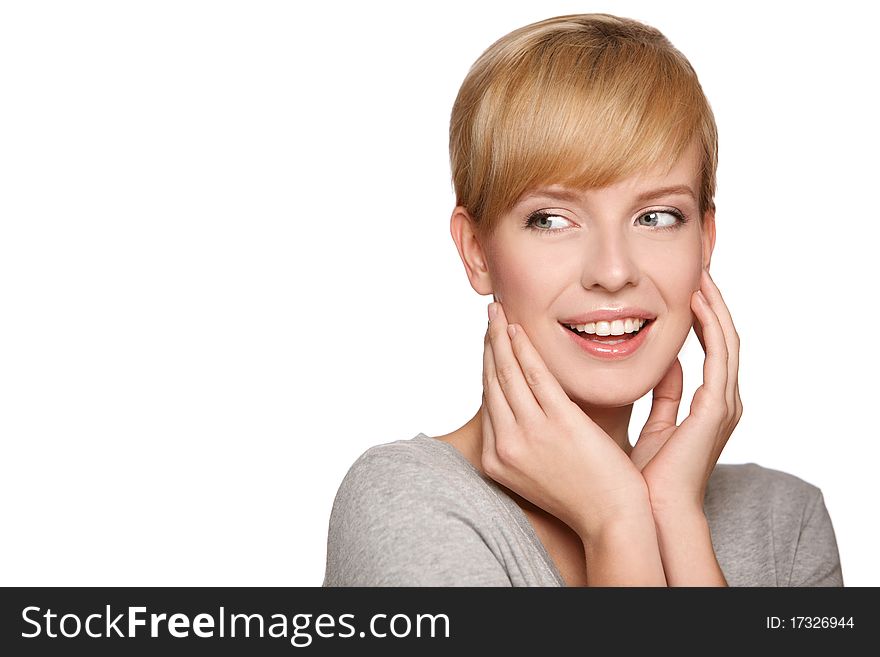 Portrait of a blond smiling woman looking at copyspace, isolated on white background. Portrait of a blond smiling woman looking at copyspace, isolated on white background