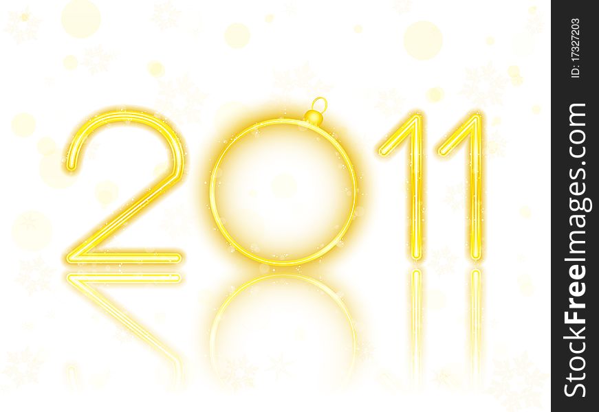 2011 Golden Neon with Christmas Ball on White Background