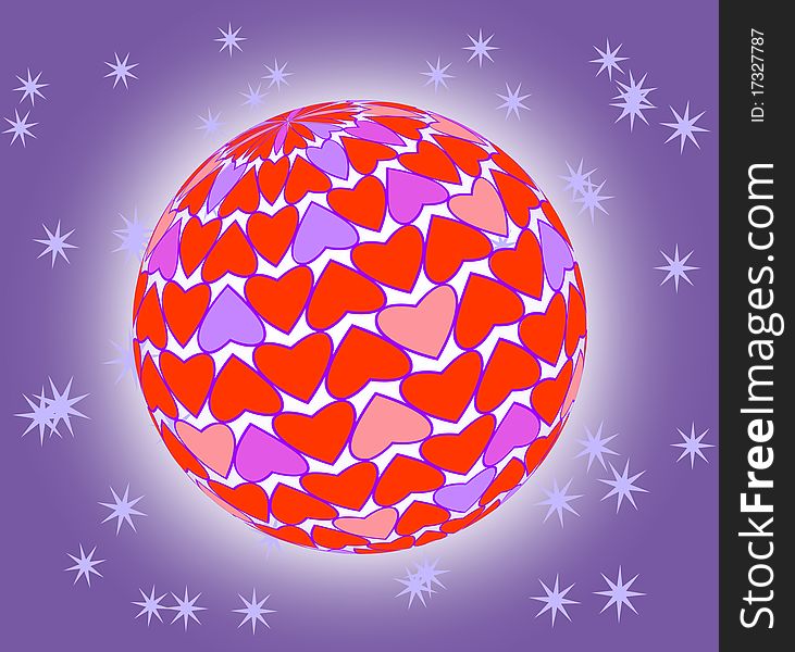 Shining ball with pink and red heart- shaped pattern and stars at the background. Shining ball with pink and red heart- shaped pattern and stars at the background