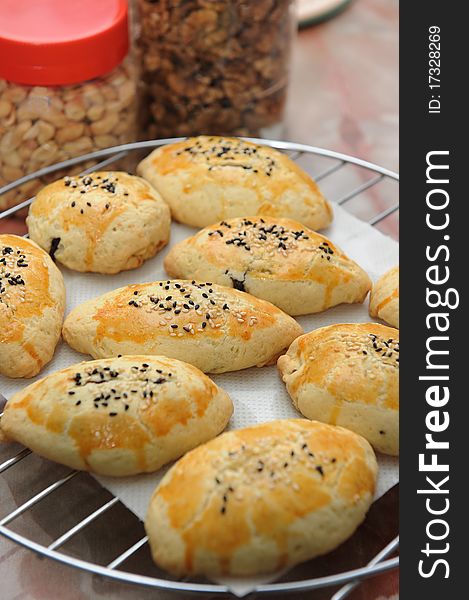 Fresh baked pastry with sesame top.