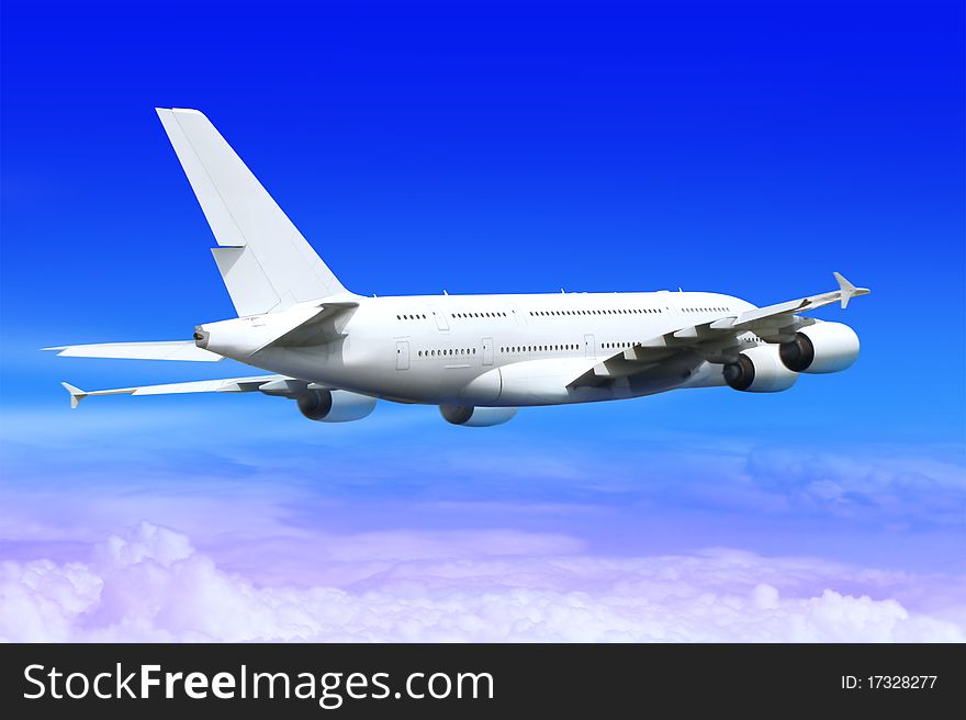 Big passenger airplane in the blue sky landing away. Big passenger airplane in the blue sky landing away