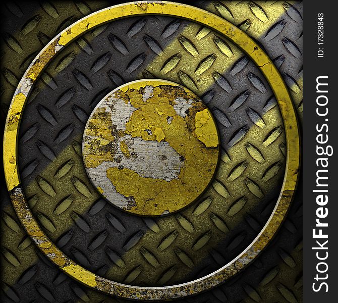 Grunge construction background with a  diamond metal plate and a circular cement shape.