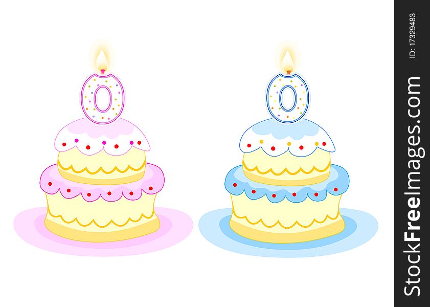 Pink and blue birthday cakes with number zero birthday candle. isolated on white background