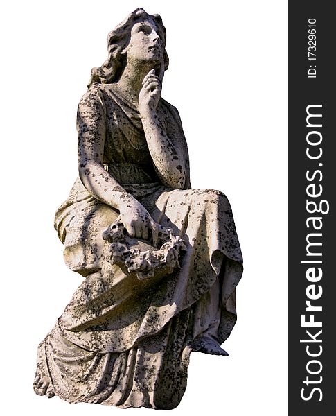 A statue of a female mourning and looking skyward in memory. A statue of a female mourning and looking skyward in memory.