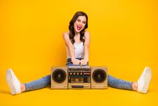 Full Length Photo Of Pretty Crazy Lady Sit Floor Vintage Recorder Between Spread Legs Party Mood Wear White Tank-top Royalty Free Stock Images