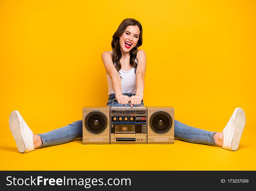 Full length photo of pretty crazy lady sit floor vintage recorder between spread legs party mood wear white tank-top