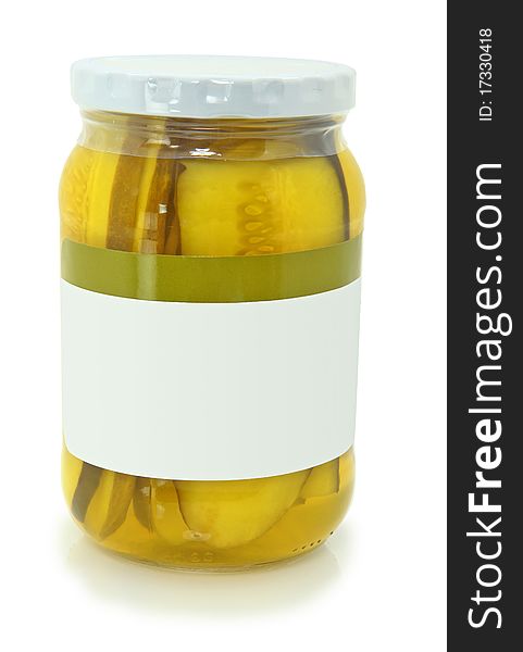 Isolated Jar Of Pickle Slices On White With Room For Copy Space