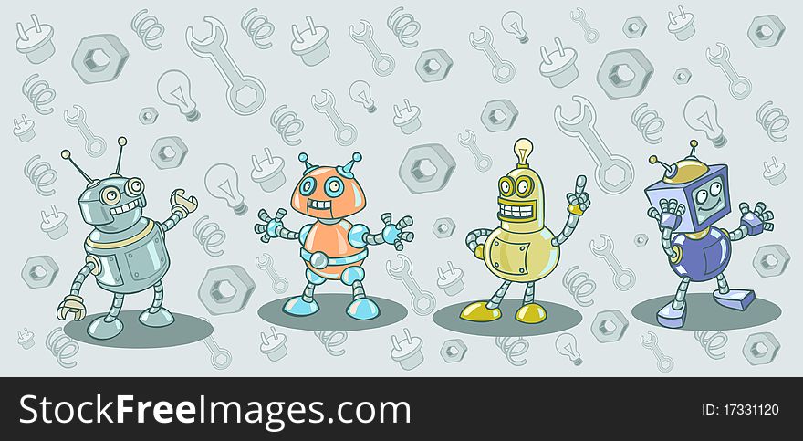 Illustration of four robots in a cartoon style on the background of different tools