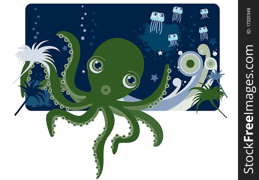 Deep sea, the cute Octopus and Jellyfish. Deep sea, the cute Octopus and Jellyfish