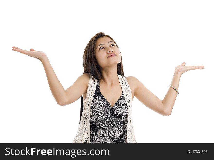 Beautiful woman checking for rain, isolated on white background