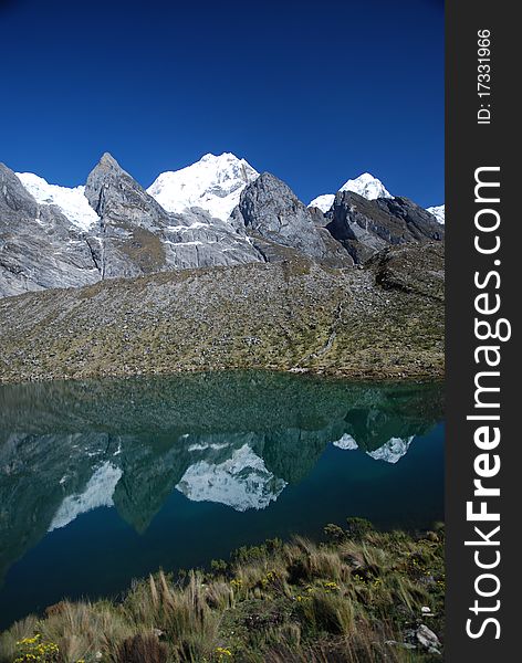 Perfect azure lake with snow covered mountain reflection. Perfect azure lake with snow covered mountain reflection