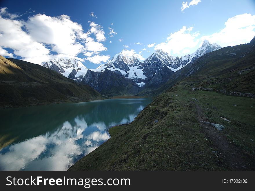 Snow Mountains And Azure Lake In Peru