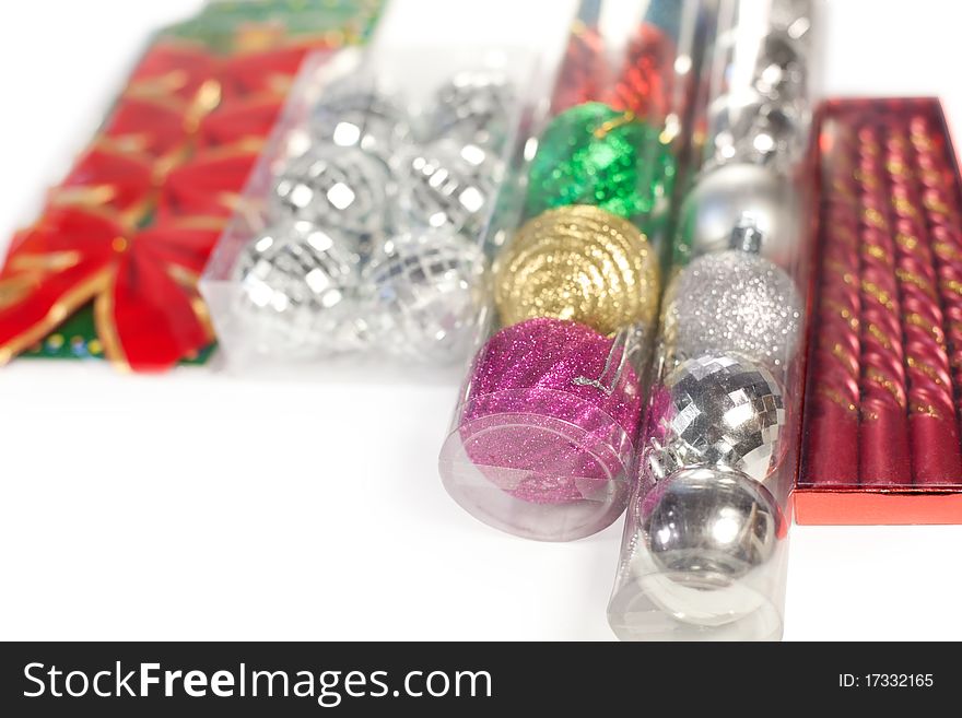 Boxes with Christmas ornaments isolated on white background. Preparation for Christmas