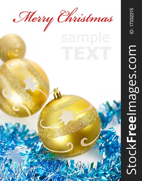 Yellow christmas decorations isolated on white background with copy space for text