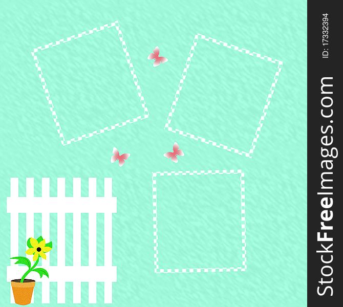 Butterflies fence and flowerpot garden scrapbook page illustration