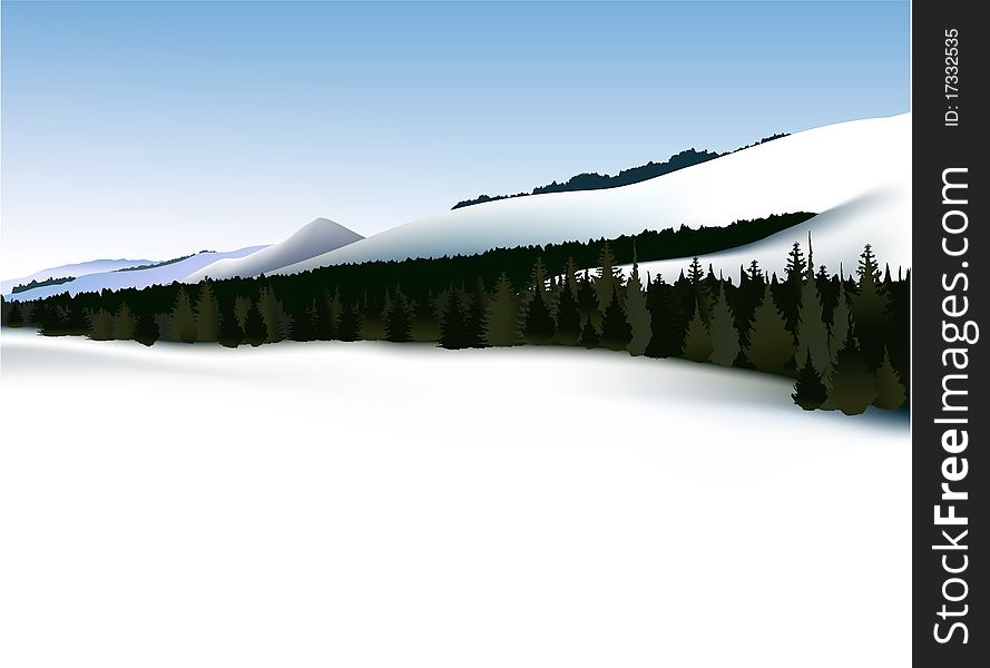 Winter mountains landscape with big forest