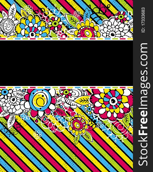 Hand draw  flowers on color diagonal stripe on black background. Hand draw  flowers on color diagonal stripe on black background