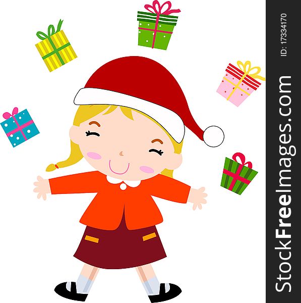 Girl and Gift box, smiling. isolated over white. ,illustration