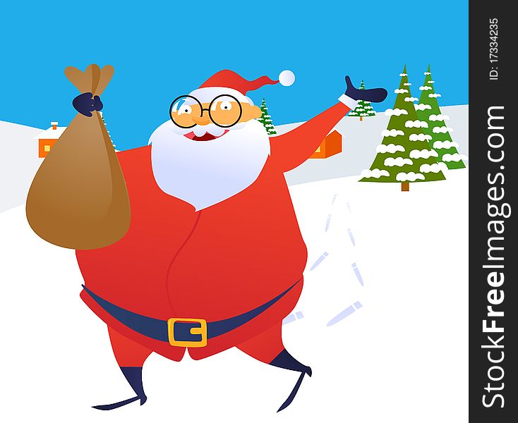 Santa Claus running through the snow with a toy bag in his hand ,illustration