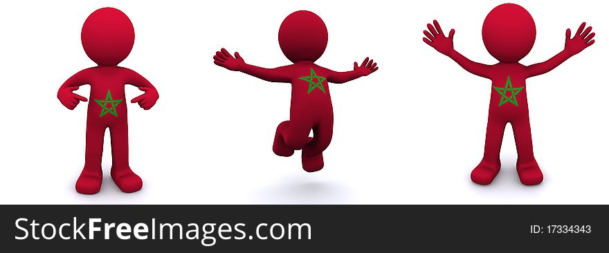 3d character textured with flag of Morocco isolated on white background
