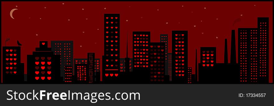 The city image. Windows of buildings are represented in the form of the hearts - symbolizing love. The city image. Windows of buildings are represented in the form of the hearts - symbolizing love.