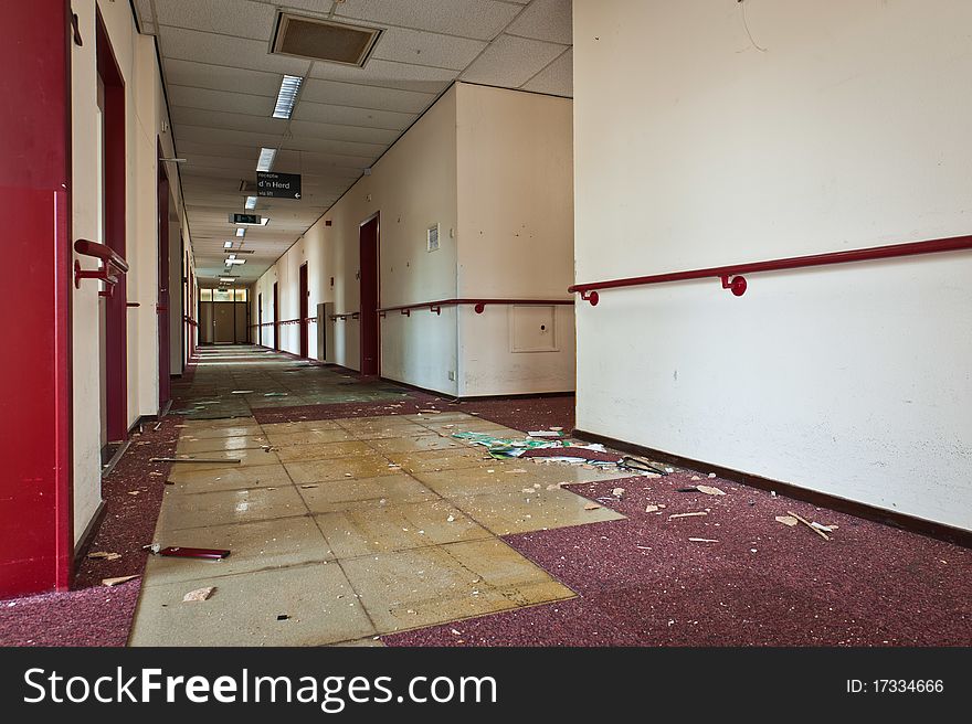 Hallway in a Old hospital building empty and ready for demolition.