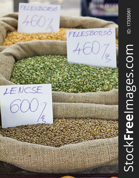 Lentil and other seeds in the market