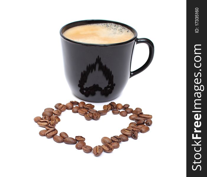 Foam coffee cup, coffee grains, heart reflection. Foam coffee cup, coffee grains, heart reflection