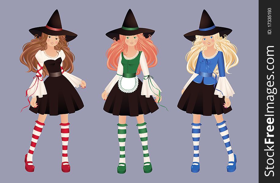 Illustration of three pretty witches with blond, brown and red hair