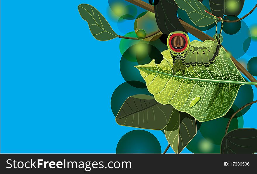 Vector illustration. Caterpillar on a leaf in forest