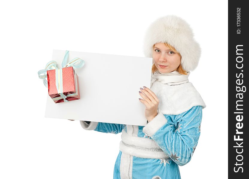 Christmas woman holding blank paper sheet. Isolated on white