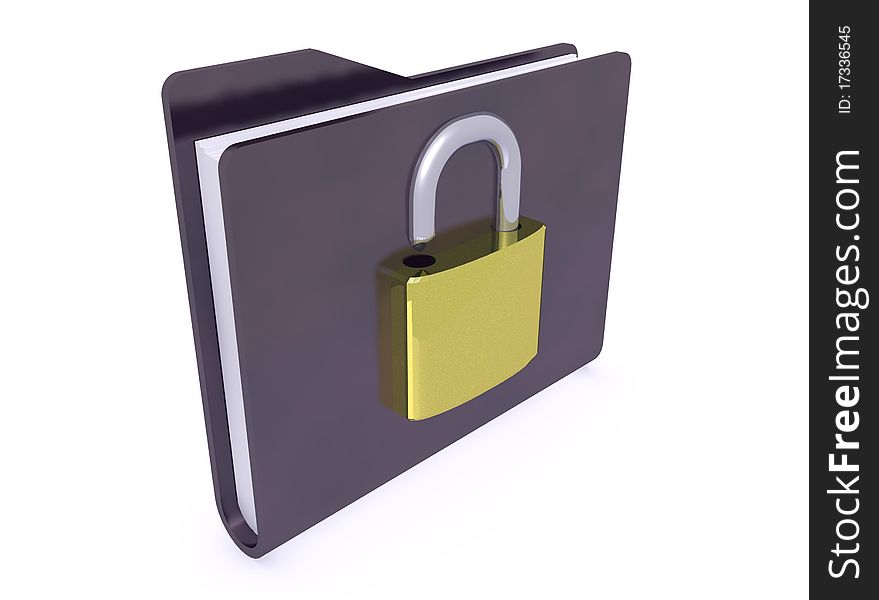 Black folder paper icon and padlock opened on white background. Black folder paper icon and padlock opened on white background