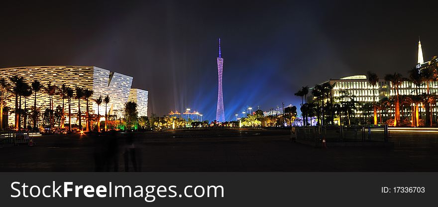 Night scene of Canton Tower and other building in Zhujiang New Town of Guangzhou City, Guangdong province, China