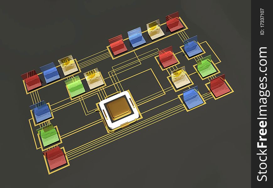 Colored 3d notebooks and processor on electronic board. Colored 3d notebooks and processor on electronic board.