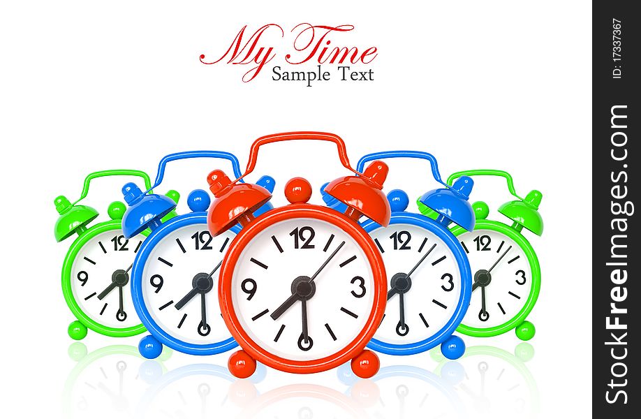 Multi color alarm clocks on white with copy space