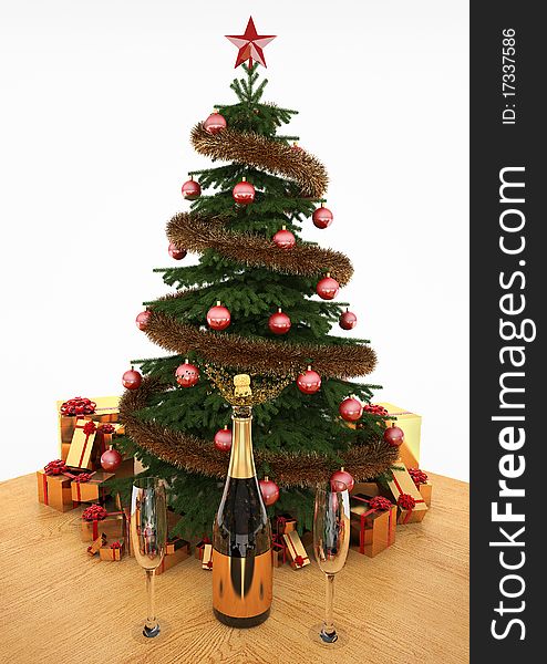 Christmas tree with gifts and champagne