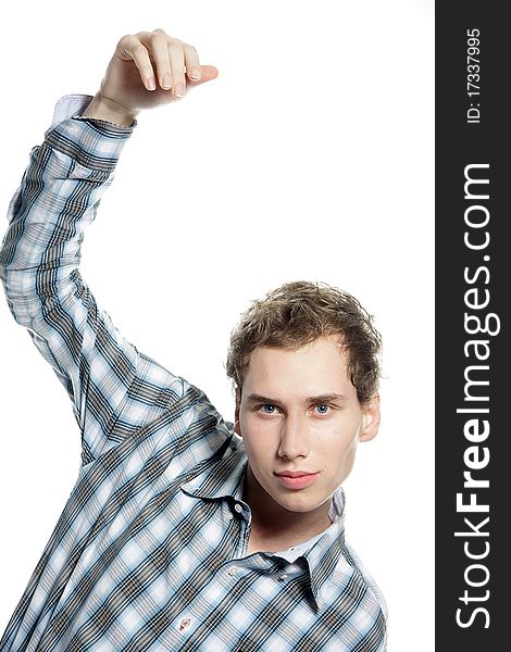Young man waving goodbye over white