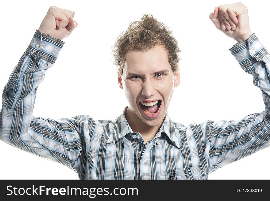 Young shouting man over white
