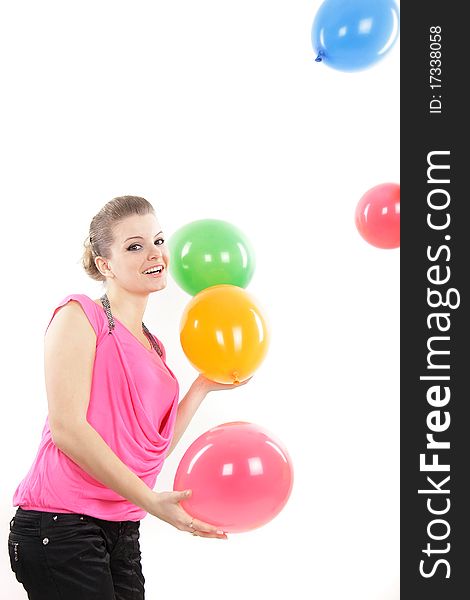 Girl Playing With Balloons Over White